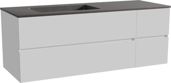 Storke Edge zwevend badmeubel 140 x 52 cm hoogglans wit met Scuro asymmetrisch linkse wastafel in kwarts mat zwart
