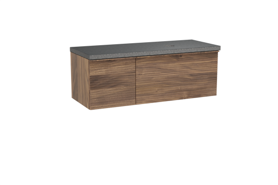 Balmani Forma meuble salle de bains suspendu 135 x 55 cm noyer américain avec Rock vasque asymétrique droite en granit noir, Nervure droite symétrique horizontale