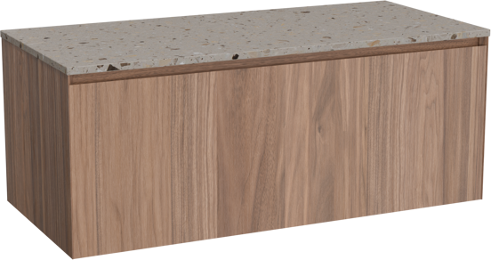 Balmani Idra hängendes Möbelstück Set: 120 x 55 cm, Nussbaum, mit Stretto Einzel- oder Doppel Waschtischplatte, Terrazzo in Greige