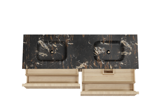 Balmani Forma zwevend badkamermeubel 180 x 55 cm natuur eik met Tablo Arcato dubbele wastafel in marmer portoro gold, Verticale asymmetrische ronde ribbel