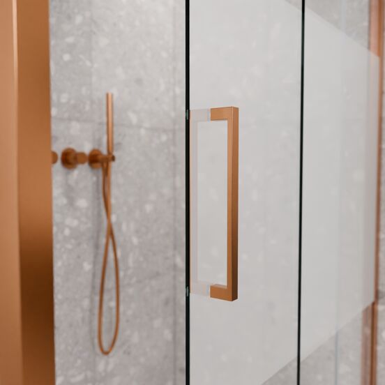 Balmani Senses Design douchehoek met rechtse schuifdeur en vaste zijwand, 160 x 80 cm, Helder glas met matte strook, Brushed Rosegold profielen