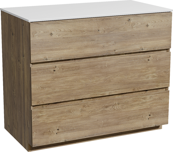 Storke Edge staand badkamermeubel 95 x 52 cm ruwe eik met Tavola enkel tablet in solid surface mat wit