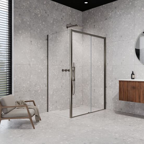 Balmani Senses Design douchecabine met rechtse schuifdeur en vaste zijwand, 140 x 100 cm, Helder glas, Brushed GunMetal profielen