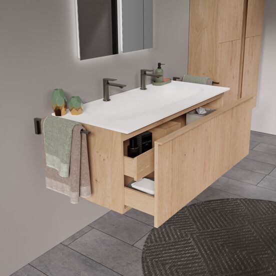 Balmani Forma zwevend badkamermeubel 120 x 55 cm natuur eik met Tablo Arcato enkele wastafel voor 2 kraangaten in solid surface mat wit, Verticale symmetrische rechte ribbel