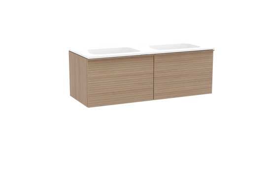 Balmani Forma zwevend badkamermeubel 135 x 55 cm natuur eik met Tablo Strada dubbele wastafel in composietmarmer mat wit, Horizontale symmetrische rechte ribbel