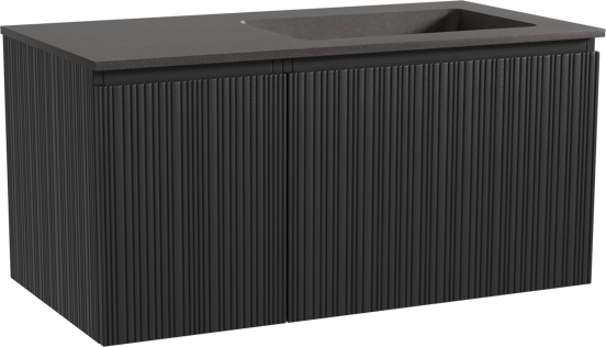 Storke Ribs hängendes Möbelstück Set: 100 x 52 cm, Schwarze Eiche, mit Scuro Waschtisch rechts, Quarz, Schwarz matt, Vertikale asymmetrische gerade Rippe