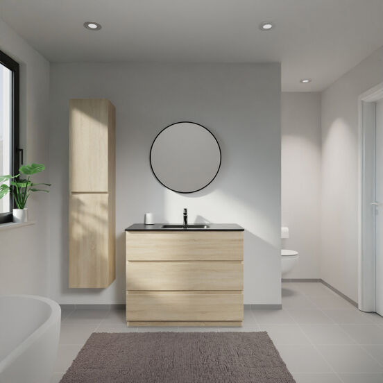 Linie Lado staand badmeubel 100 x 46 cm wit eiken met Baro enkele wastafel in porselein mat zwart