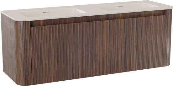 Storke Soft zwevend badkamermeubel 140 x 46 cm notelaar met Mata Soft dubbele wastafel in solid surface beige granita, Verticale symmetrische rechte ribbel