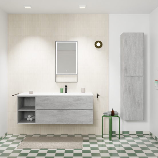Storke Edge meuble salle de bains suspendu 140 x 52 cm béton gris foncé avec Mata plan vasque asymétrique à droite en solid surface blanc mat