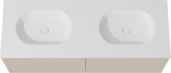 Balmani Eclips zwevend badkamermeubel 150 x 55 cm Sandbeige met Tablo Oval dubbele wastafel in Solid Surface mat wit, Verticale symmetrische rechte ribbel