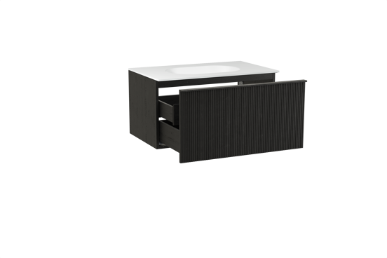 Balmani Forma zwevend badkamermeubel 90 x 55 cm zwarte eik met Tablo Oval enkele wastafel in solid surface mat wit, Verticale symmetrische rechte ribbel