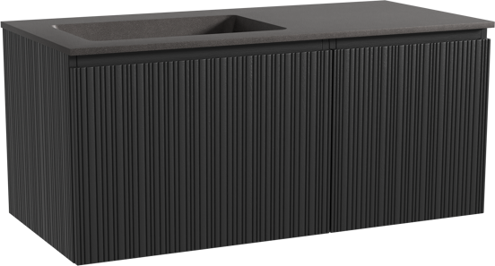 Storke Ribs zwevend badmeubel 110 x 52 cm zwart eiken met Scuro asymmetrisch linkse wastafel in kwarts mat zwart, Verticale asymmetrische rechte ribbel