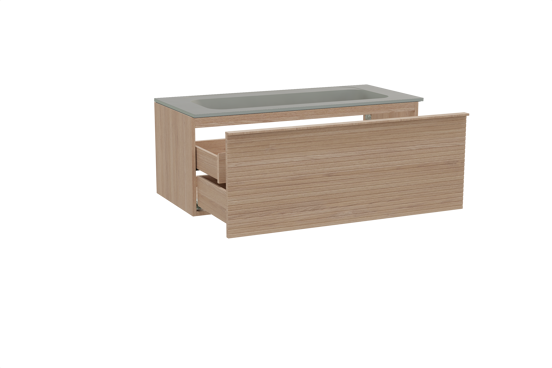 Balmani Forma zwevend badkamermeubel 120 x 55 cm natuur eik met Tablo Strada enkele wastafel voor 2 kraangaten in composietmarmer zijdegrijs, Horizontale symmetrische rechte ribbel