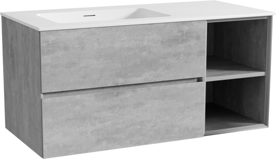 Storke Edge zwevend badmeubel 110 x 52 cm beton donkergrijs met Mata asymmetrisch linkse wastafel in solid surface mat wit