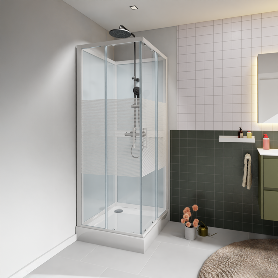 Luca Varess Talan cabine de douche avec portes coulissantes 80 x 80 cm verre transparent avec bande mate rayée profil blanc brillant