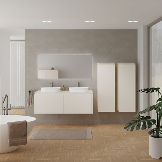 Balmani Eclips hängendes Möbelstück Set: 150 x 55 cm, Sandbeige, mit Eclips Einzel- oder Doppel Waschtischplatte Solid Surface Weiβ matt