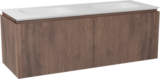 Balmani Eclips zwevend badkamermeubel 150 x 55 cm Amerikaanse notelaar met Eclips dubbele wastafel in Solid Surface mat wit