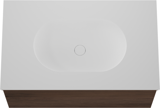 Balmani Forma zwevend badkamermeubel 90 x 55 cm amerikaanse notelaar met Tablo Oval enkele wastafel in solid surface mat wit, Horizontale symmetrische rechte ribbel
