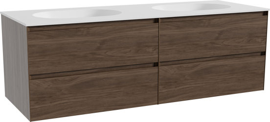 Balmani Mitra meuble salle de bains suspendu 150 x 55 cm noyer américain avec Tablo Oval double vasque en solid surface blanc mat