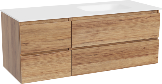 Balmani Lucida zwevend badkamermeubel 135 x 55 cm teak met Tablo Arcato asymmetrisch rechtse wastafel in solid surface mat wit