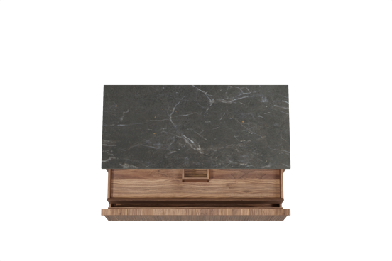 Balmani Forma zwevend badkamermeubel 120 x 55 cm amerikaanse notelaar met Stretto enkel of dubbel tablet in marmer pietra grey, Verticale asymmetrische ronde ribbel