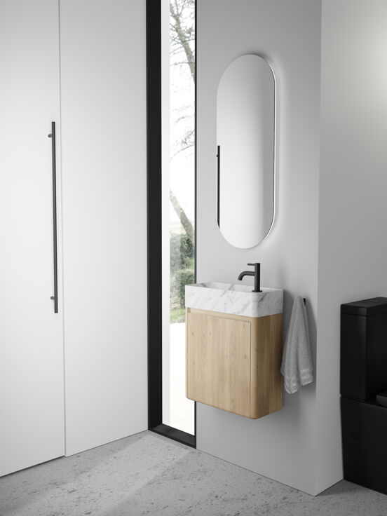 Balmani Fara hängendes Badmöbel Set (Gäste WC): 45 x 22 cm, Eiche Natur, Fara Waschtisch, Carrara-Marmor