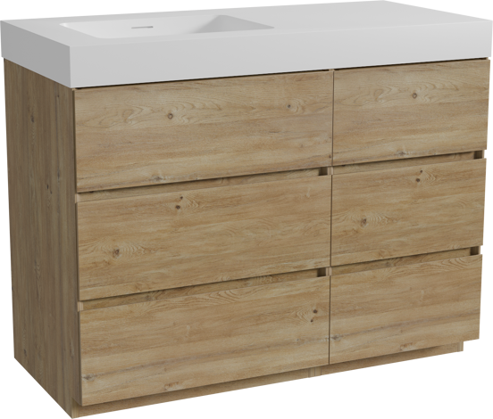 Storke Edge freistehendes Möbelstück Set: 110 x 52 cm, Rohe Eiche, mit Mata High Waschtisch links, Solid Surface Weiß matt