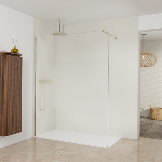 Balmani Modular Walk-In Dusche: 160 x 200 cm, Klarglas mit mattiertem Streifen, inklusive Coating, Profil Brushed Champagne Gold