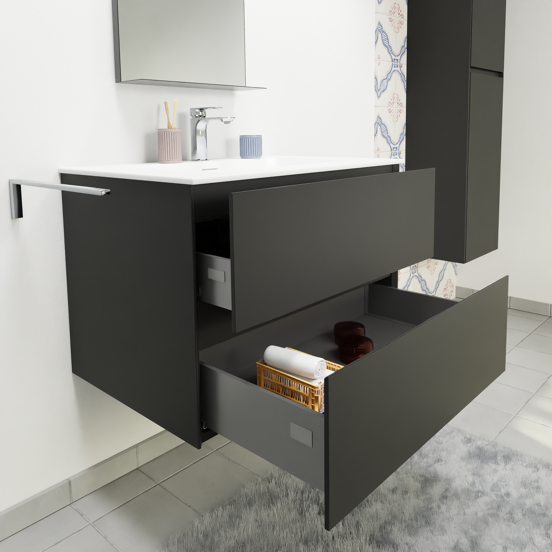 Storke Edge meuble salle de bains suspendu 75 x 52 cm noir mat avec Scuro High plan simple en quartz noir mat