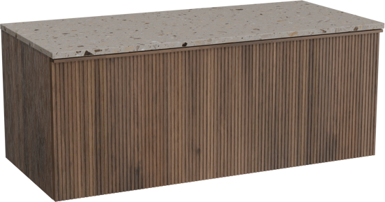 Balmani Forma hängendes Möbelstück Set: 120 x 55 cm, Amerikanischer Nussbaum, mit Stretto Einzel- oder Doppel Waschtischplatte, Terrazzo in Greige, Vertikale symmetrische gerade Rippe