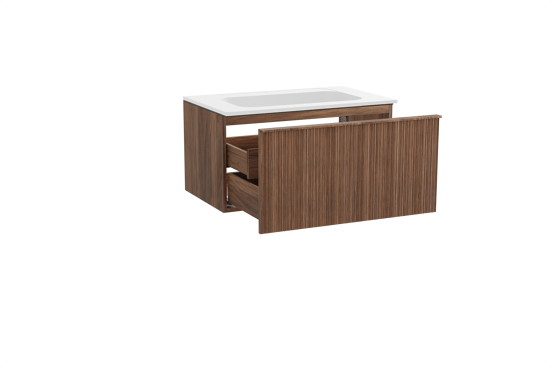 Balmani Forma zwevend badkamermeubel 90 x 55 cm amerikaanse notelaar met Tablo Strada enkele wastafel in composietmarmer mat wit, Verticale asymmetrische ronde ribbel