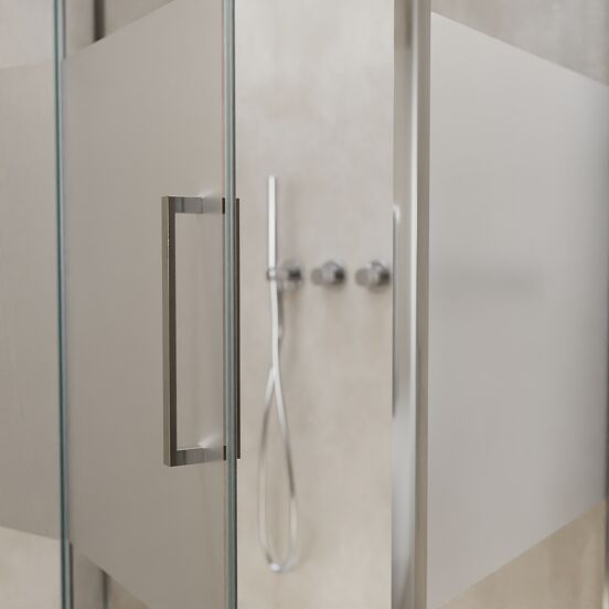 Balmani Senses Design douchehoek met linkse draaideur en vaste zijwand, 100 x 90 cm, Helder glas met matte strook, Chroom profielen, met coating