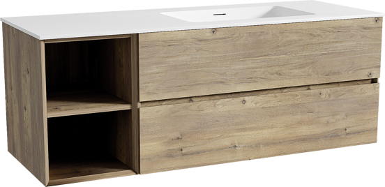Storke Edge meuble salle de bains suspendu 140 x 52 cm chêne brut avec Mata plan vasque asymétrique à droite en solid surface blanc mat