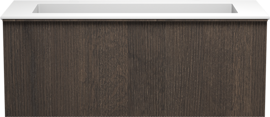 Balmani Forma zwevend badkamermeubel 120 x 55 cm gerookte eik met Tablo Stretto enkele wastafel voor 2 kraangaten in solid surface mat wit, Verticale symmetrische rechte ribbel