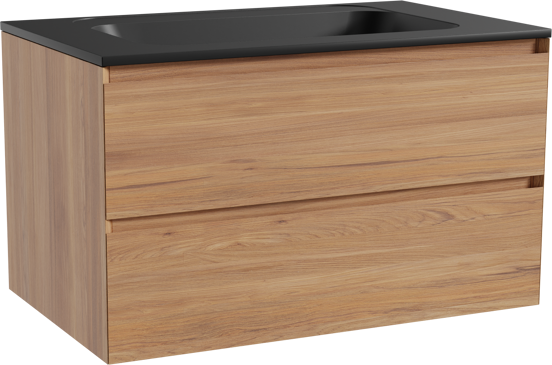 Balmani Mitra zwevend badkamermeubel 90 x 55 cm teak met Tablo Strada enkele wastafel in composietmarmer mat zwart
