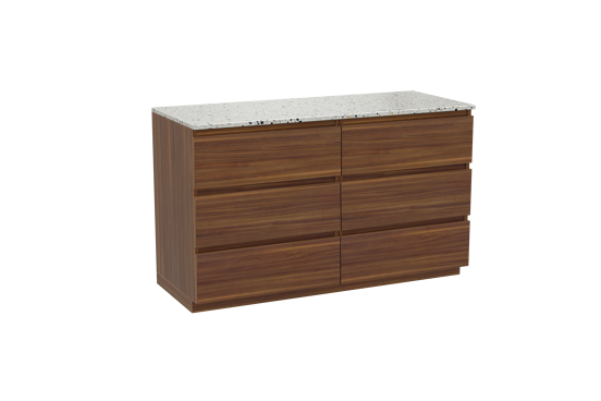 Balmani Lucida staand badkamermeubel 135 x 55 cm amerikaanse notelaar met Stretto enkel of dubbel tablet in mat wit/zwart terrazzo