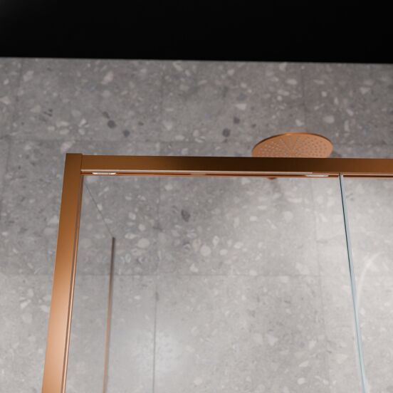 Balmani Senses Design douchecabine met rechtse schuifdeur en vaste zijwand, 120 x 100 cm, Helder glas, Brushed Rosegold profielen