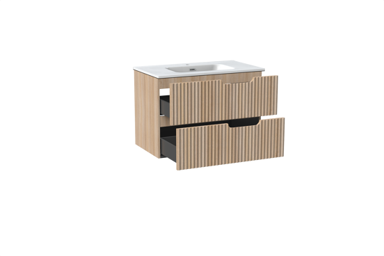 Linie Ribbo meuble salle de bains suspendu 80 x 46 cm chêne clair avec Baro plan simple en porcelaine blanc brillant, Nervure circulaire symétrique verticale