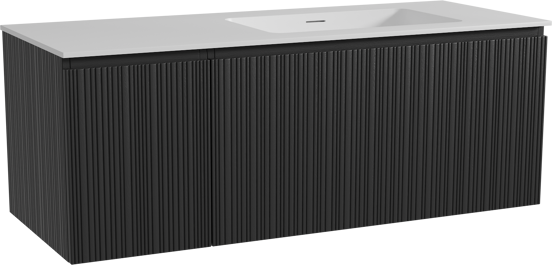 Storke Ribs meuble salle de bains suspendu 130 x 52 cm chêne noir avec Mata vasque asymétrique droite en solid surface blanc mat, Nervure droite asymétrique verticale