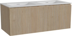 Storke Ribs meuble salle de bains suspendu 120 x 52 cm chêne brut avec Mata double vasque en solid surface blanc mat, Nervure droite symétrique verticale