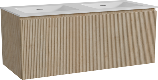 Storke Ribs hängendes Möbelstück Set: 120 x 52 cm, Rohe Eiche, mit Mata Doppelwaschtisch, Solid Surface, Weiß matt, Vertikale symmetrische gerade Rippe