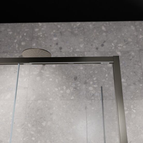 Balmani Senses Design douchehoek met linkse schuifdeur en vaste zijwand, 120 x 100 cm, Helder glas met matte strook, Brushed GunMetal profielen, met coating