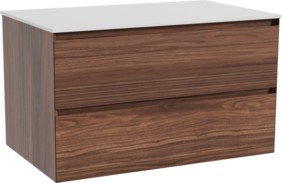 Balmani Mitra zwevend badkamermeubel 90 x 55 cm notelaar met Stretto enkel tablet in solid surface mat wit