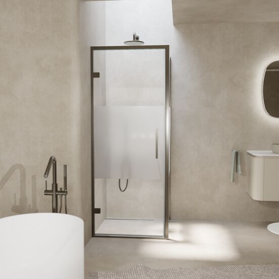 Balmani Senses Design douchehoek met linkse draaideur en vaste zijwand, 90 x 100 cm, Helder glas met matte strook, Brushed GunMetal profielen