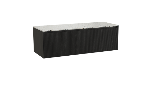 Balmani Fila zwevend badkamermeubel 150 x 55 cm zwarte eik met Stretto enkel of dubbel tablet in mat wit/zwart terrazzo, Verticale symmetrische rechte ribbel