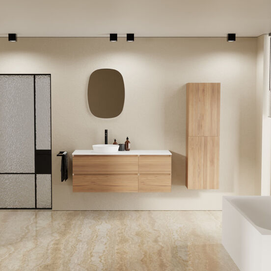 Balmani Mitra meuble salle de bains suspendu 135 x 55 cm teck avec Stretto tablette simple ou double en solid surface blanc mat