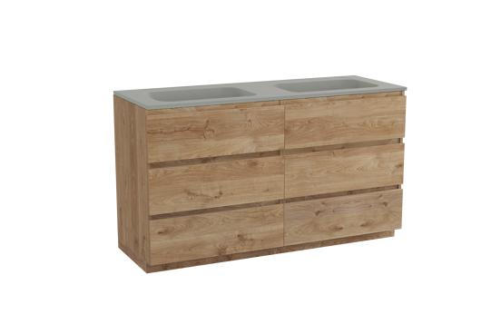 Balmani Lucida freistehendes Möbelstück Set: 150 x 55 cm, Rohe Eiche, mit Tablo Strada Doppelwaschtisch, Marmorkomposit Seidengrau