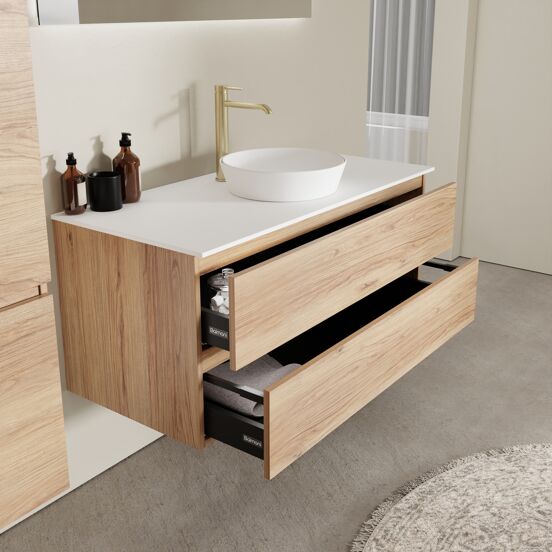 Balmani Lucida zwevend badkamermeubel 120 x 55 cm teak met Stretto enkel of dubbel tablet in solid surface mat wit