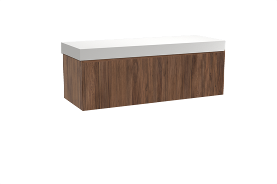 Balmani Fila zwevend badkamermeubel 150 x 55 cm notelaar met Dominus enkel of dubbel tablet in solid surface mat wit, Verticale symmetrische rechte ribbel