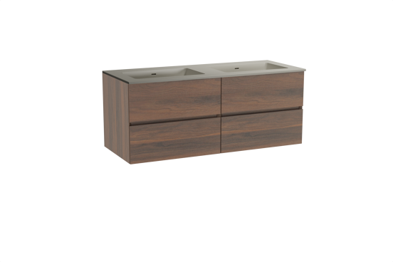 Storke Edge zwevend badmeubel 130 x 52 cm notenhout met Diva dubbele wastafel in top solid zijdegrijs